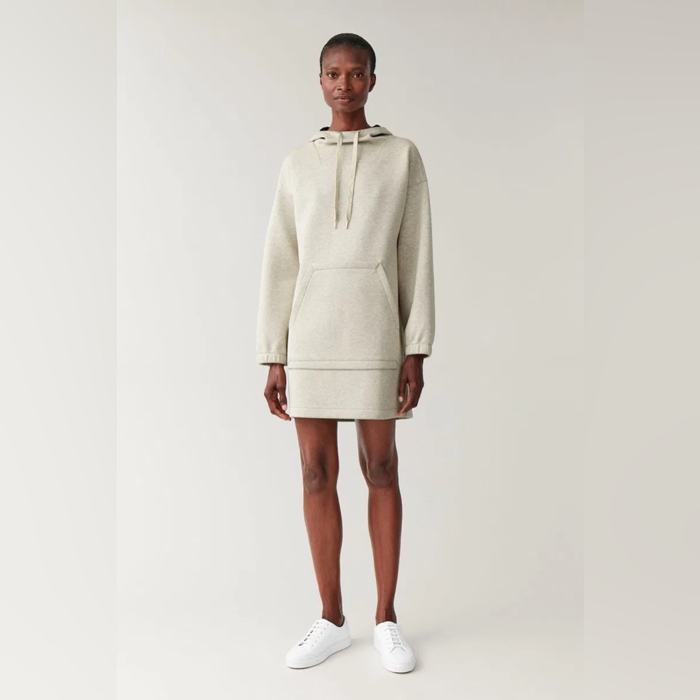 COS Scuba Hooded Dress M/L Kangaroo Pocket Grey Cream Drawstring Hood Modern